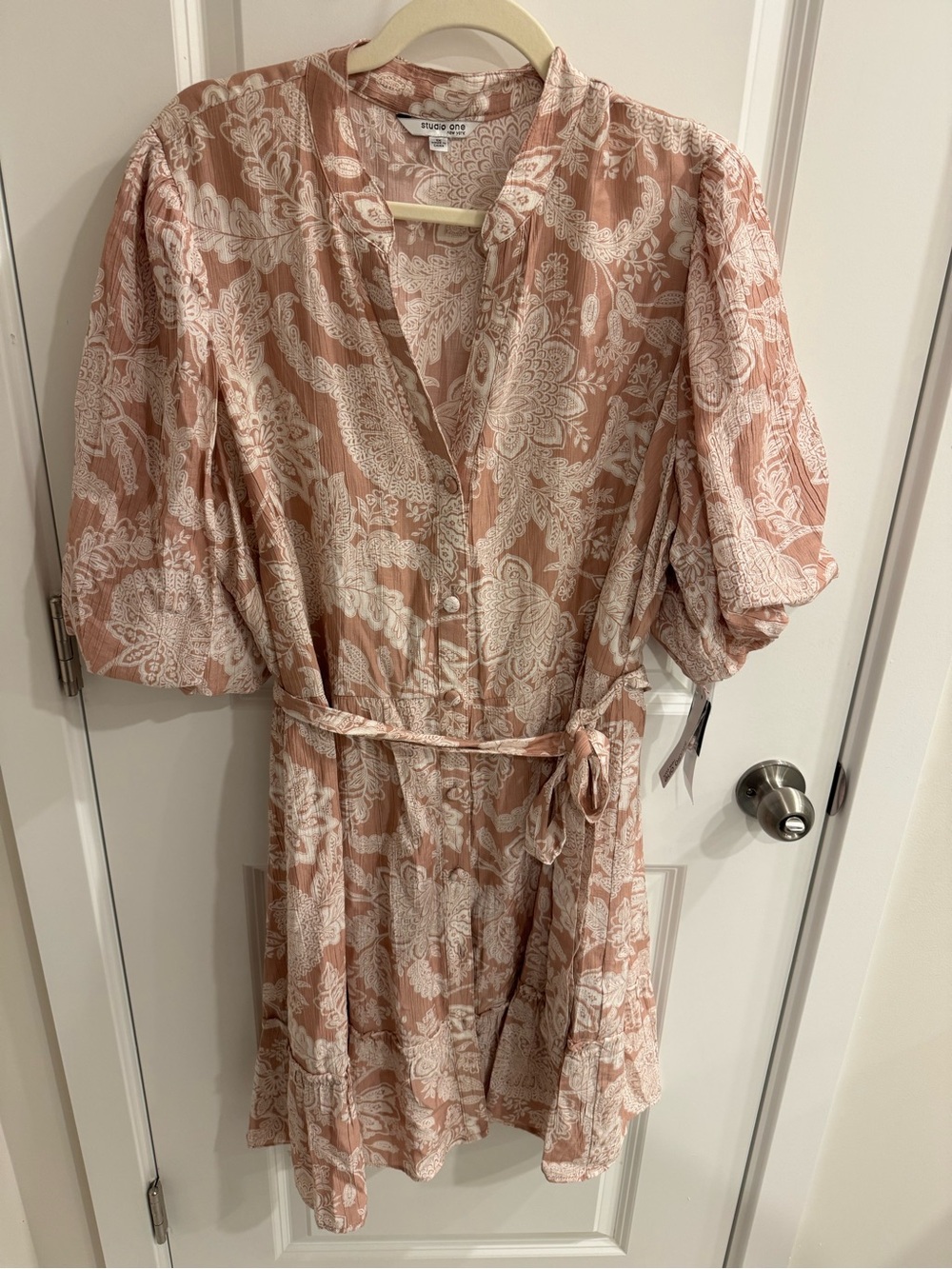 Studio One NY Paisley Puff Sleeve Midi Dress Blush Pink White Plus Size 1X NWT